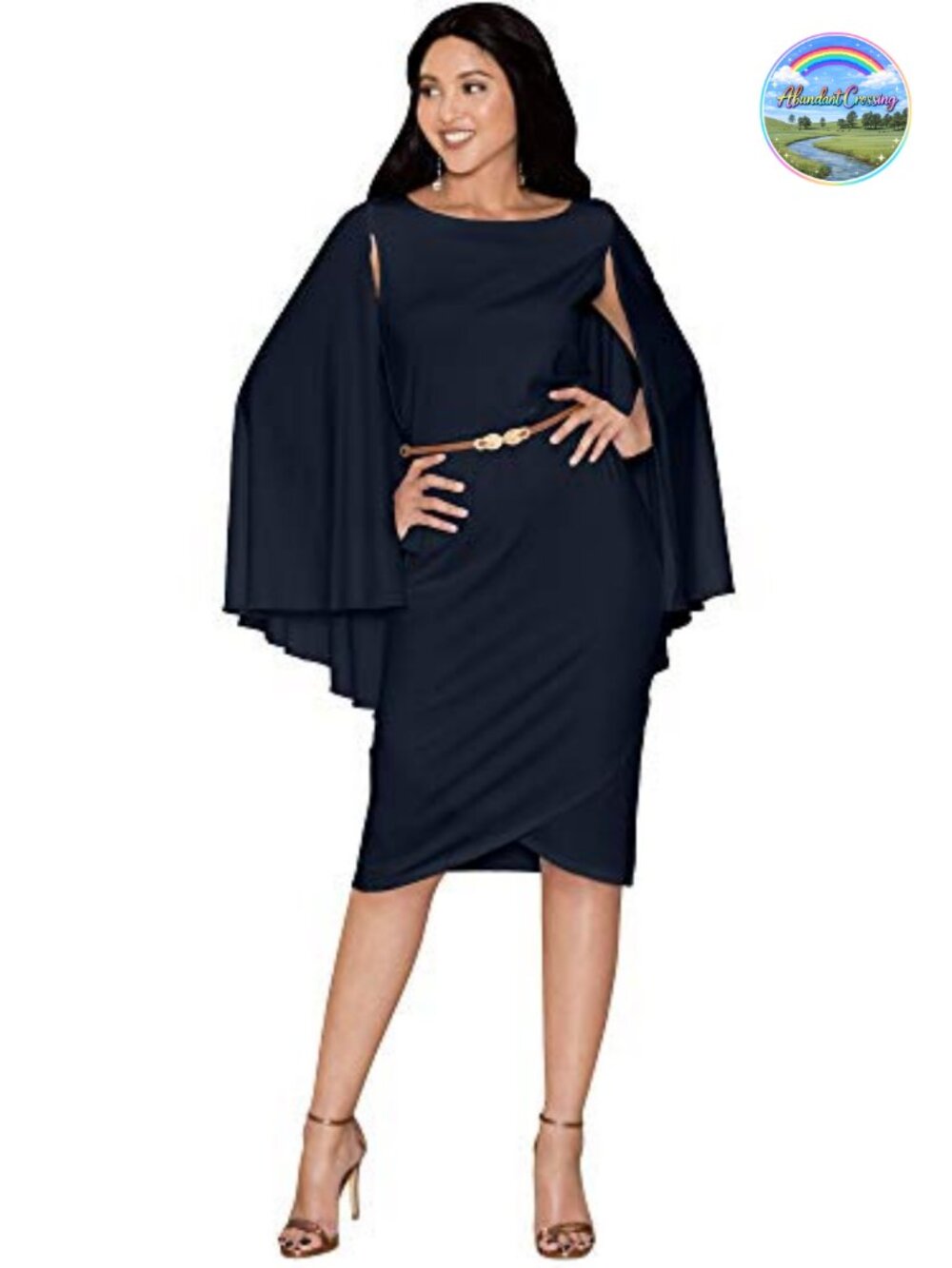Womens Cape Sleeve Round Neck Mini Dress with Leather Belt Cocktail Party